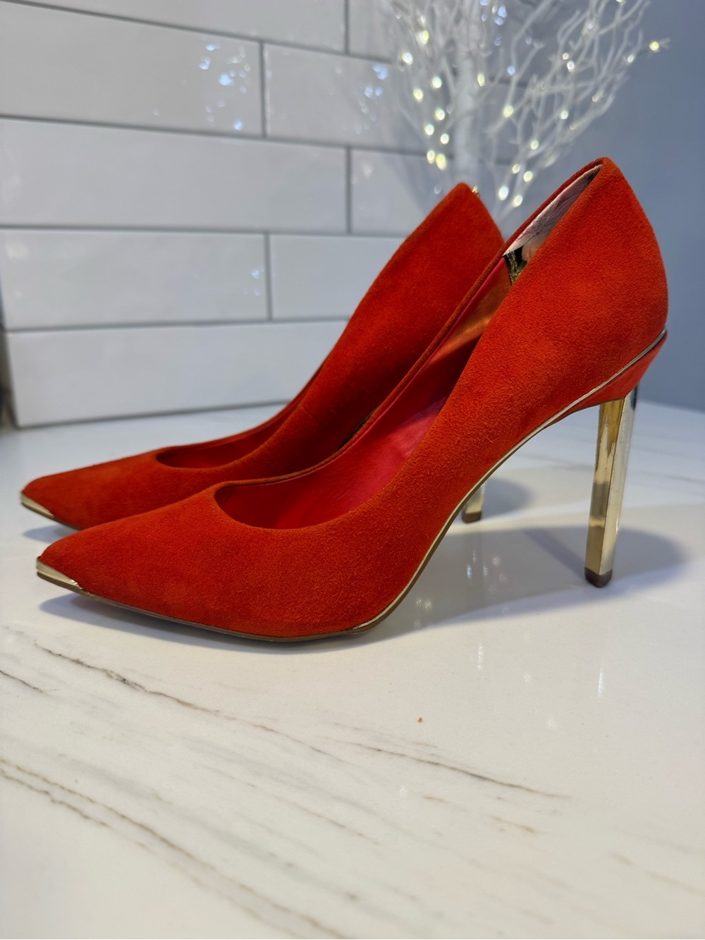 Ted Baker London Red Suede Pointed Toe Pumps with Gold Heels